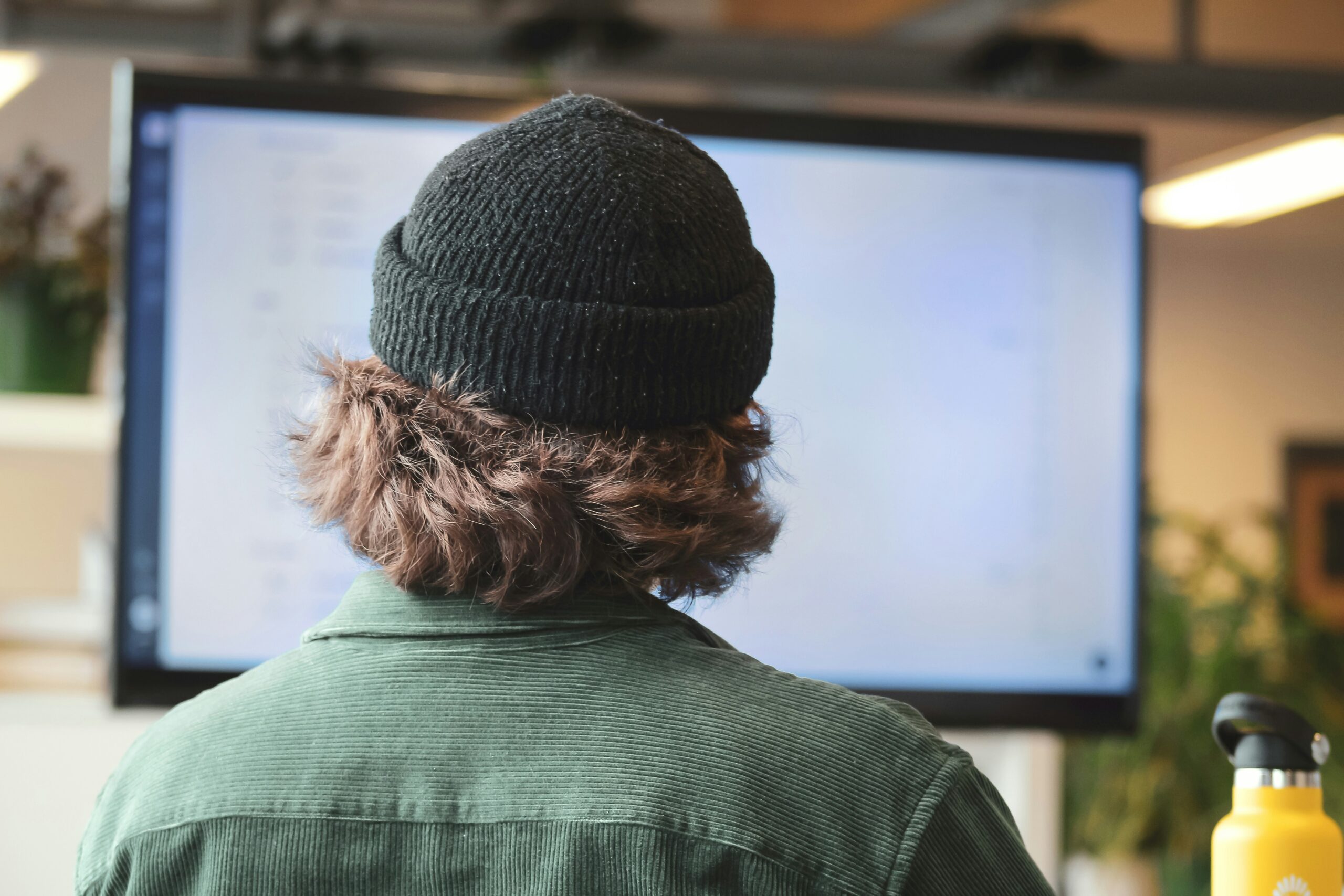 Rear view of a person looking at a large screen.